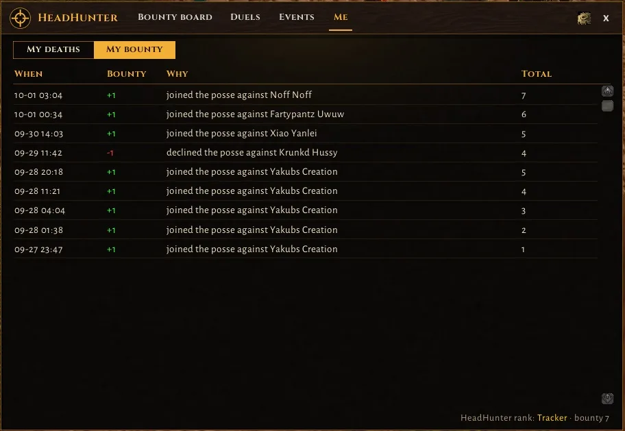 My bounty: what earned or cost bounty, and your hunter rank
