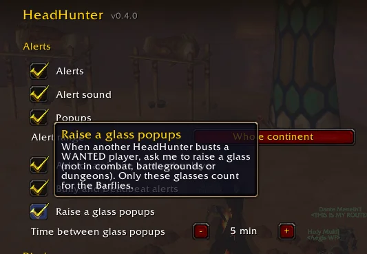 The options for the Raise a glass popups
