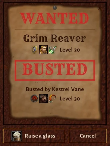 The bust popup under the minimap: a WANTED poster with a red BUSTED stamp