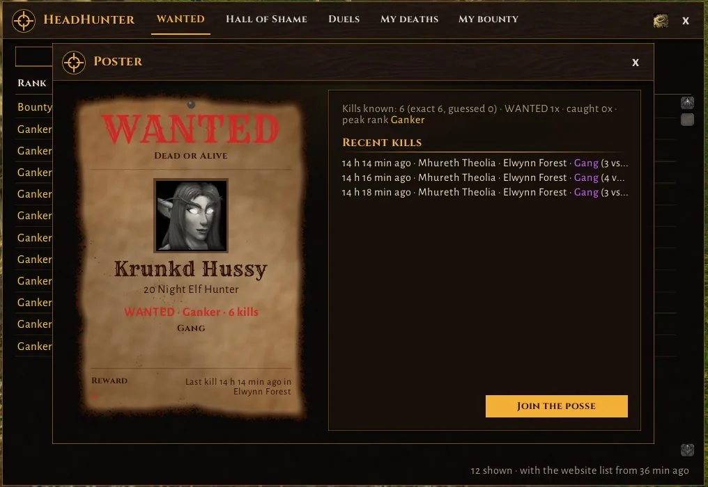 The WANTED poster of an outlaw, with their recent kills next to it