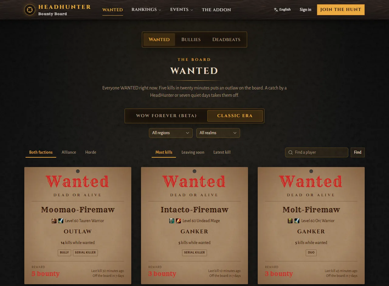 The WANTED board on the website: every outlaw with their rank, kills, badges and reward